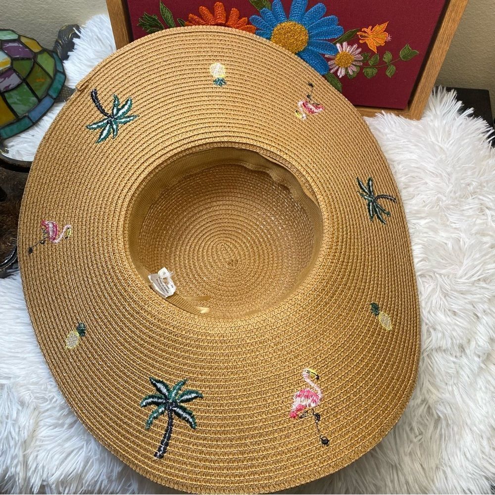 Women's Beige Palm Tree Embroidered Straw Sun Hat Wide Brim Summer Casual - Picture 8 of 8